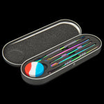 An set of iridescent dab tools and multi-colored silicone container in a tin