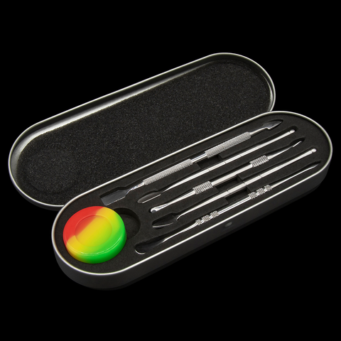 Titanium dab tool set with multi-colored silicone container in a oblong tin.