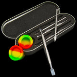 Titanium dab tool set with multi-colored silicone container placed on a oblong tin.